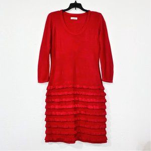 Calvin Klein Women's Multi-Tiered Ruffled Beaded Knit Sweater Dress Red